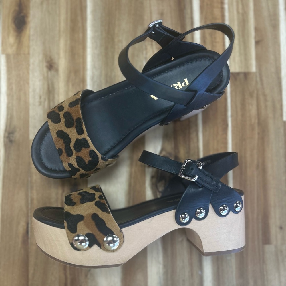 Prada Wood Studded Pony Hair Leopard Leather Buckle Clog Sandals RARE